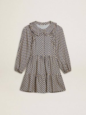 Kids Beige With Blue Diamonds And Black Details Girls' Dress With Geometric Print And Removable Collar Golden Goose Topwear Selection (4-12 Years) - 1