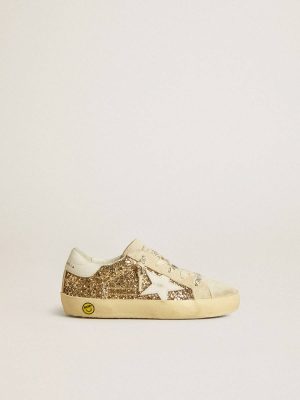 Kids Golden Goose Girls (4-10 Years) Super-Star Young In Gold Glitter With White Leather Star And Heel Tab - 1