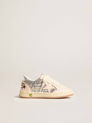 Kids Golden Goose Junior Ball Star In Glitter With Silver Metallic Leather Heel Tab Silver Little Girls (1-3 Years) - 1