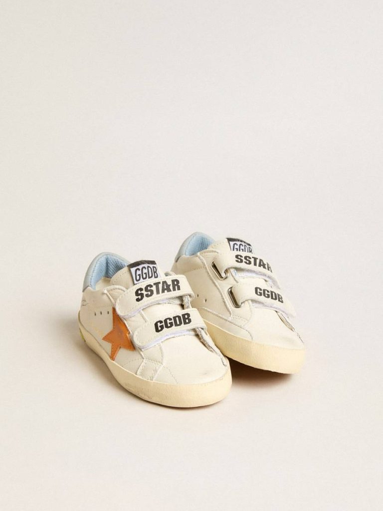 Kids Golden Goose Little Boys (1-3 Years) Junior Old School In Leather With Orange Star And Baby Blue Heel Tab - 2