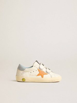 Kids Golden Goose Little Boys (1-3 Years) Junior Old School In Leather With Orange Star And Baby Blue Heel Tab - 1
