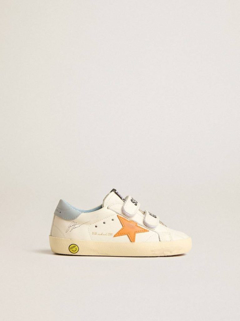 Kids Golden Goose Little Boys (1-3 Years) Junior Old School In Leather With Orange Star And Baby Blue Heel Tab - 1