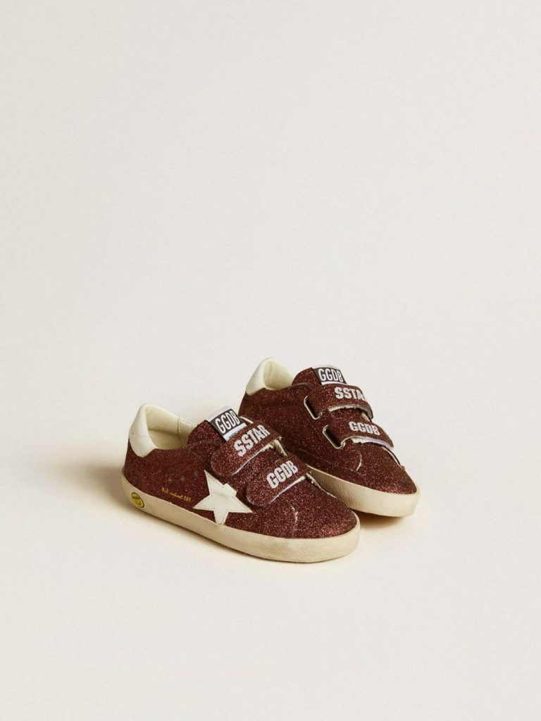 Kids Old School Junior In Burgundy Glitter With Leather Star And Heel Tab Golden Goose Little Boys (1-3 Years) - 2