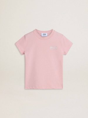 Kids Topwear Selection (4-12 Years) Golden Goose Girls' Pink T-Shirt With Silver Glitter Logo And Maxi Star Pink - 1