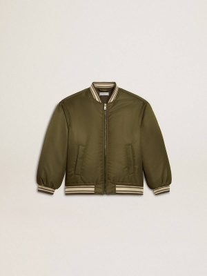 Kids Topwear Selection (4-12 Years) Golden Goose Kids Military-Green Nylon Bomber Jacket With Lettering On The Back Military Green - 1