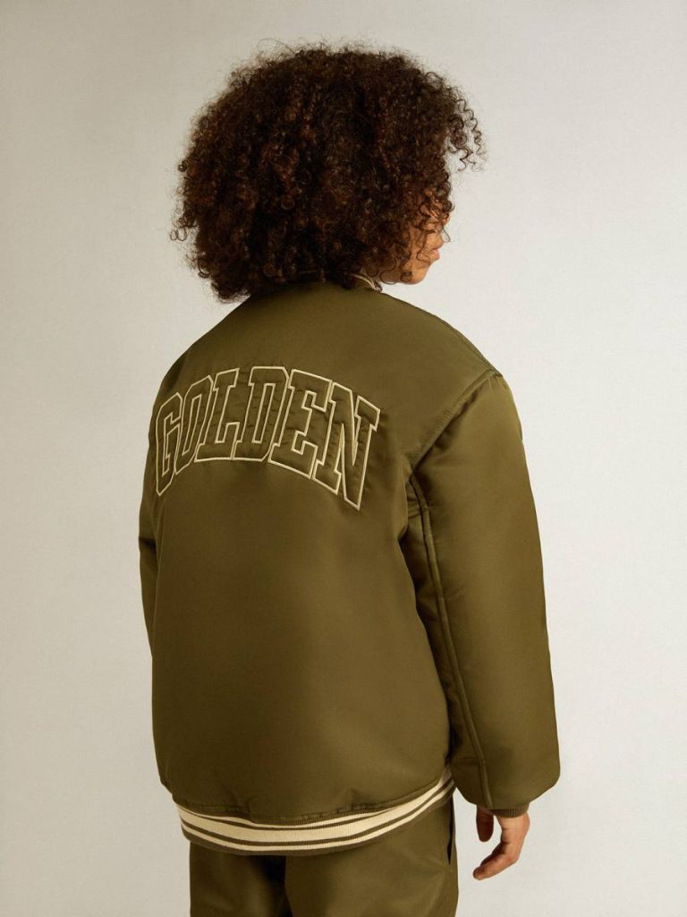 Kids Topwear Selection (4-12 Years) Golden Goose Kids Military-Green Nylon Bomber Jacket With Lettering On The Back Military Green - 5
