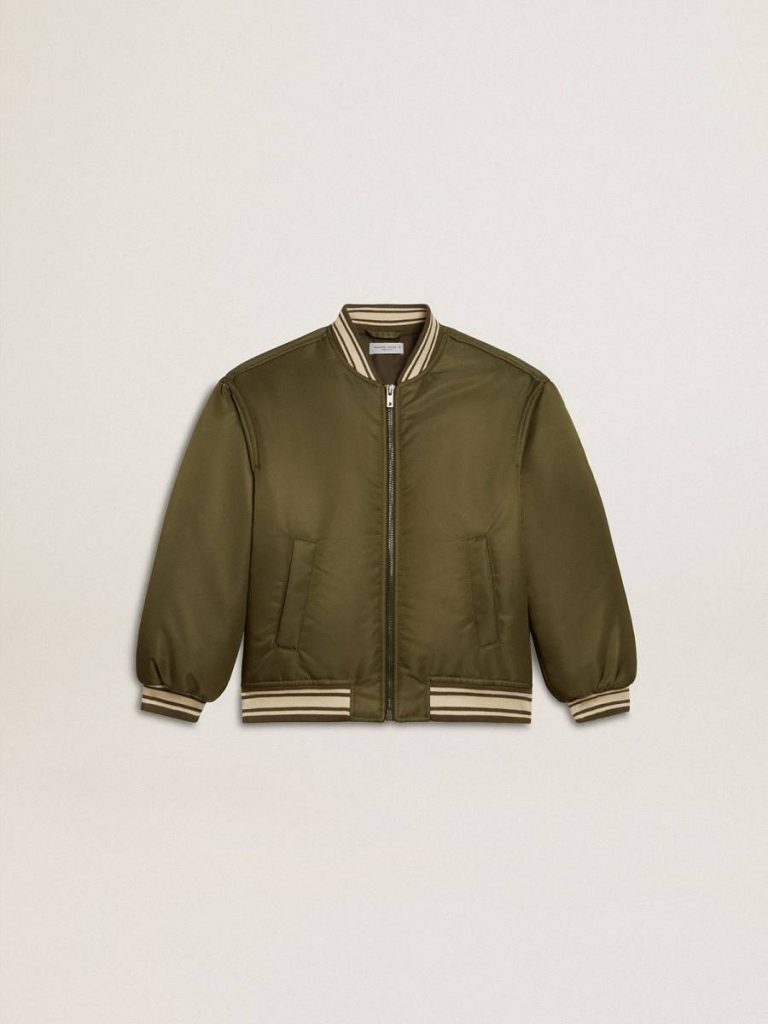 Kids Topwear Selection (4-12 Years) Golden Goose Kids Military-Green Nylon Bomber Jacket With Lettering On The Back Military Green - 1