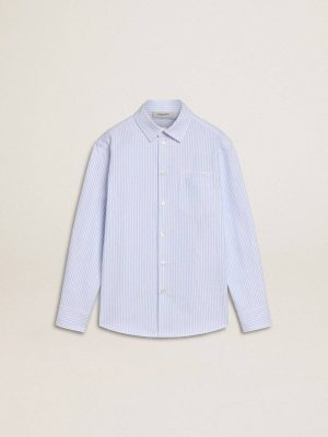 Kids Topwear Selection (4-12 Years) Golden Goose Light Blue Girls’ Striped Shirt With Embroidered Lettering On The Pocket - 1