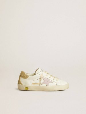 Kids White Golden Goose Little Girls (1-3 Years) Super-Star Junior With Lilac Leather Star And Glitter Heel Tab - 1