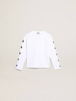 Kids White Long-Sleeved T-Shirt With Contrasting Black Stars Optical White Golden Goose Topwear Selection (4-12 Years) - 1