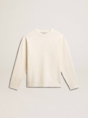 Knitwear Aged White Men's Crew-Neck Sweater In Worn White Ribbed Wool Golden Goose Men - 1