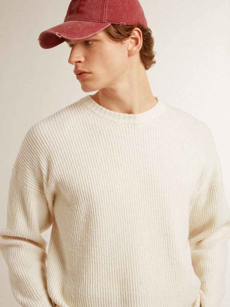 Knitwear Aged White Men's Crew-Neck Sweater In Worn White Ribbed Wool Golden Goose Men - 5