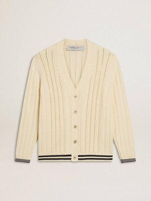 Knitwear Men's White Cotton Cardigan With A Cable Pattern And Blue Ribbing Golden Goose Worn White Men - 1