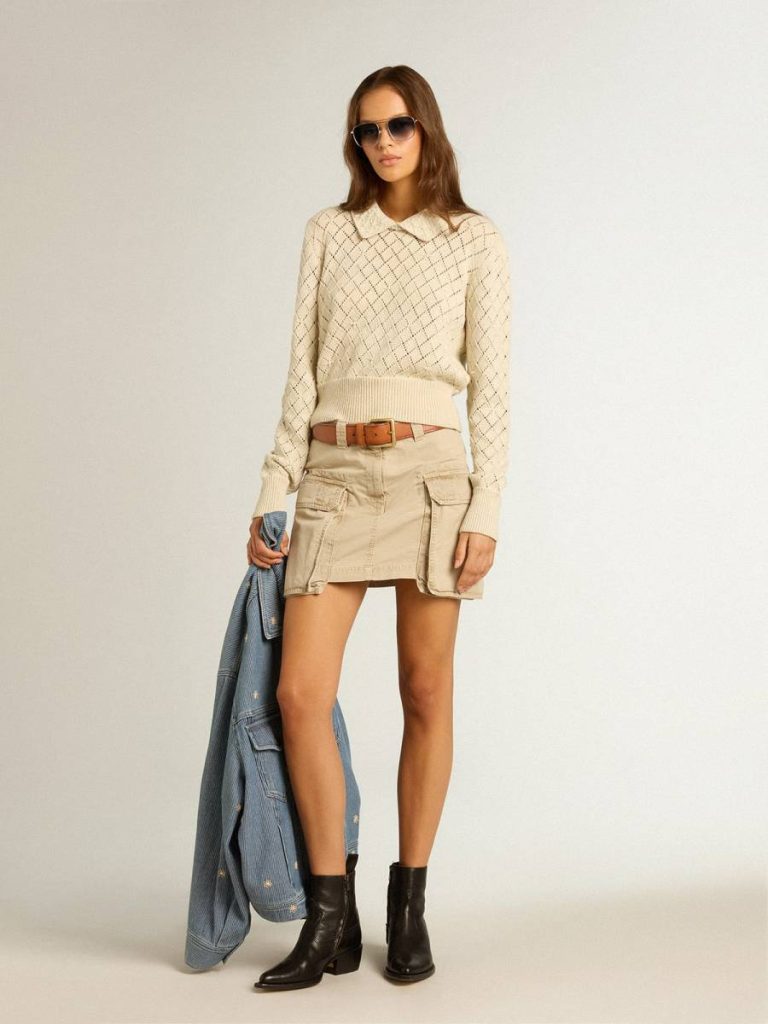 Knitwear Panama Golden Goose Panama-Colored Openwork Cotton Cropped Sweater With Pearl Embroidery Women - 3