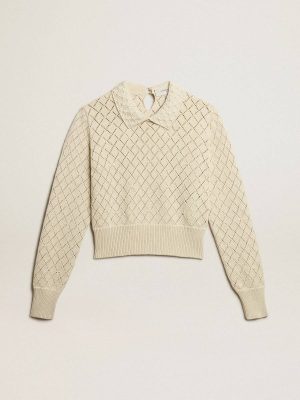 Knitwear Panama Golden Goose Panama-Colored Openwork Cotton Cropped Sweater With Pearl Embroidery Women - 1