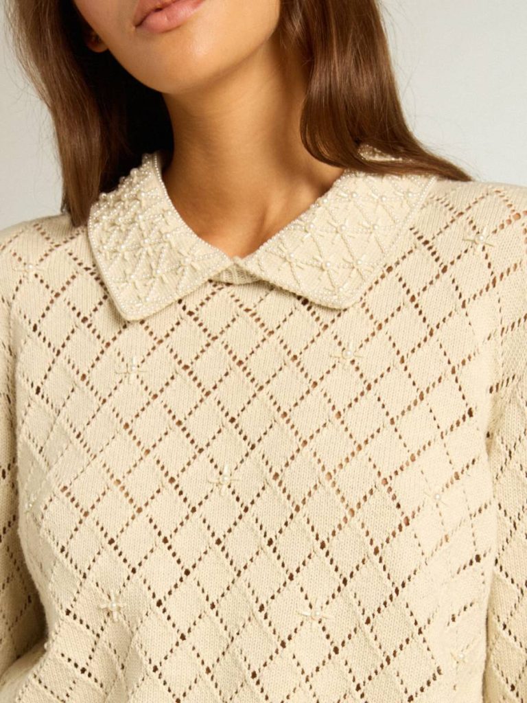 Knitwear Panama Golden Goose Panama-Colored Openwork Cotton Cropped Sweater With Pearl Embroidery Women - 5
