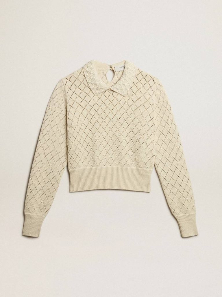 Knitwear Panama Golden Goose Panama-Colored Openwork Cotton Cropped Sweater With Pearl Embroidery Women - 1
