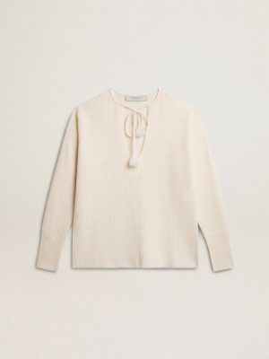 Knitwear Ribbed Wool Sweater With V Neck And Drawstring With Tassels Golden Goose Women Aged White - 1