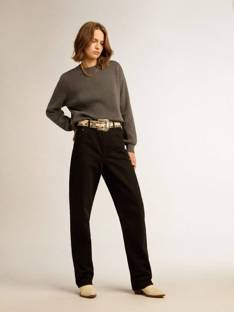 Knitwear Women Dark Gray Melange Women's Round-Neck Sweater In Dark Gray Cotton With Logo On The Back Golden Goose - 3