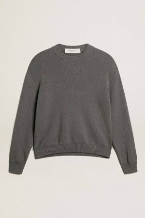 Knitwear Women Dark Gray Melange Women's Round-Neck Sweater In Dark Gray Cotton With Logo On The Back Golden Goose - 1