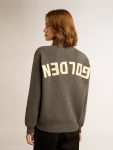 Knitwear Women Dark Gray Melange Women's Round-Neck Sweater In Dark Gray Cotton With Logo On The Back Golden Goose - 4