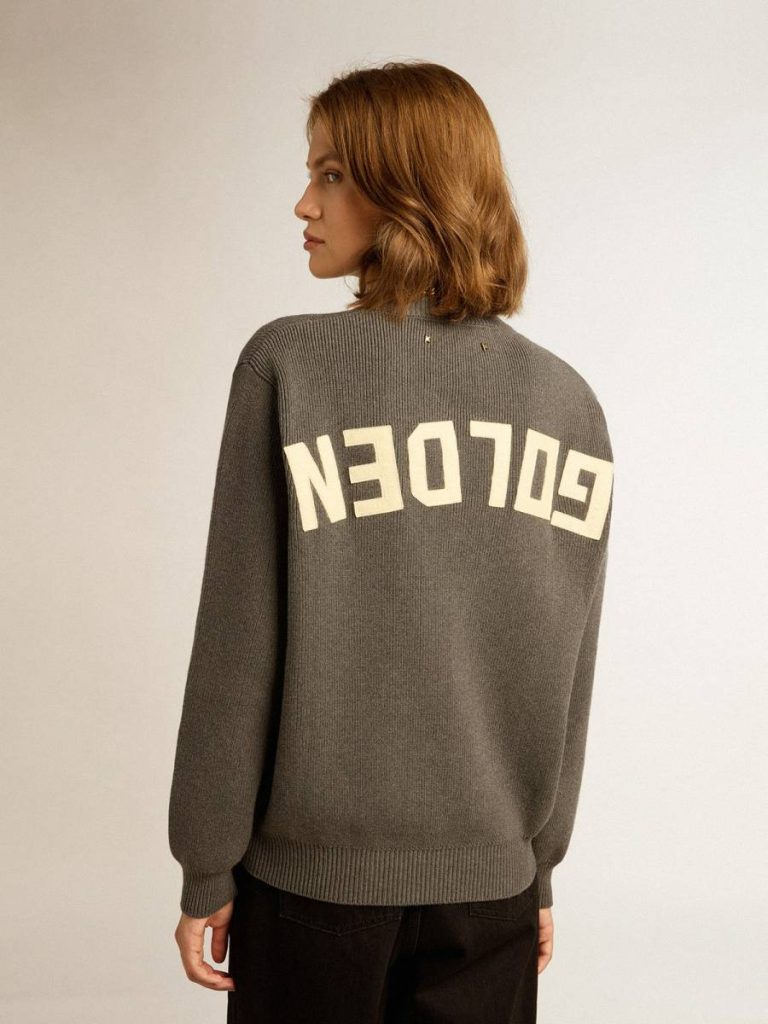 Knitwear Women Dark Gray Melange Women's Round-Neck Sweater In Dark Gray Cotton With Logo On The Back Golden Goose - 4