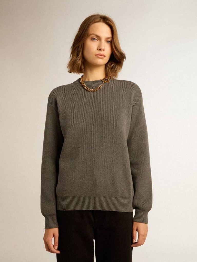 Knitwear Women Dark Gray Melange Women's Round-Neck Sweater In Dark Gray Cotton With Logo On The Back Golden Goose - 5