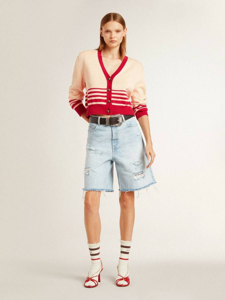 Knitwear Women's Cardigan In Cream With Red Stripes Cream Women Golden Goose - 3