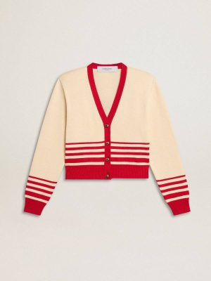 Knitwear Women's Cardigan In Cream With Red Stripes Cream Women Golden Goose - 1