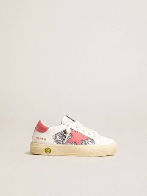 Little Girls (1-3 Years) Golden Goose White Kids Junior May With Red Leather Star And Heel Tab - 1
