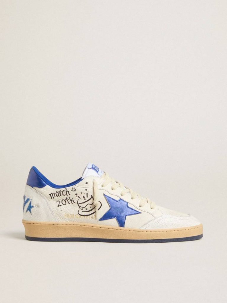 Men Ball Star Men's Ball Star Wishes In White Nappa Leather With A Bright Blue Star And Heel Tab Golden Goose - 5