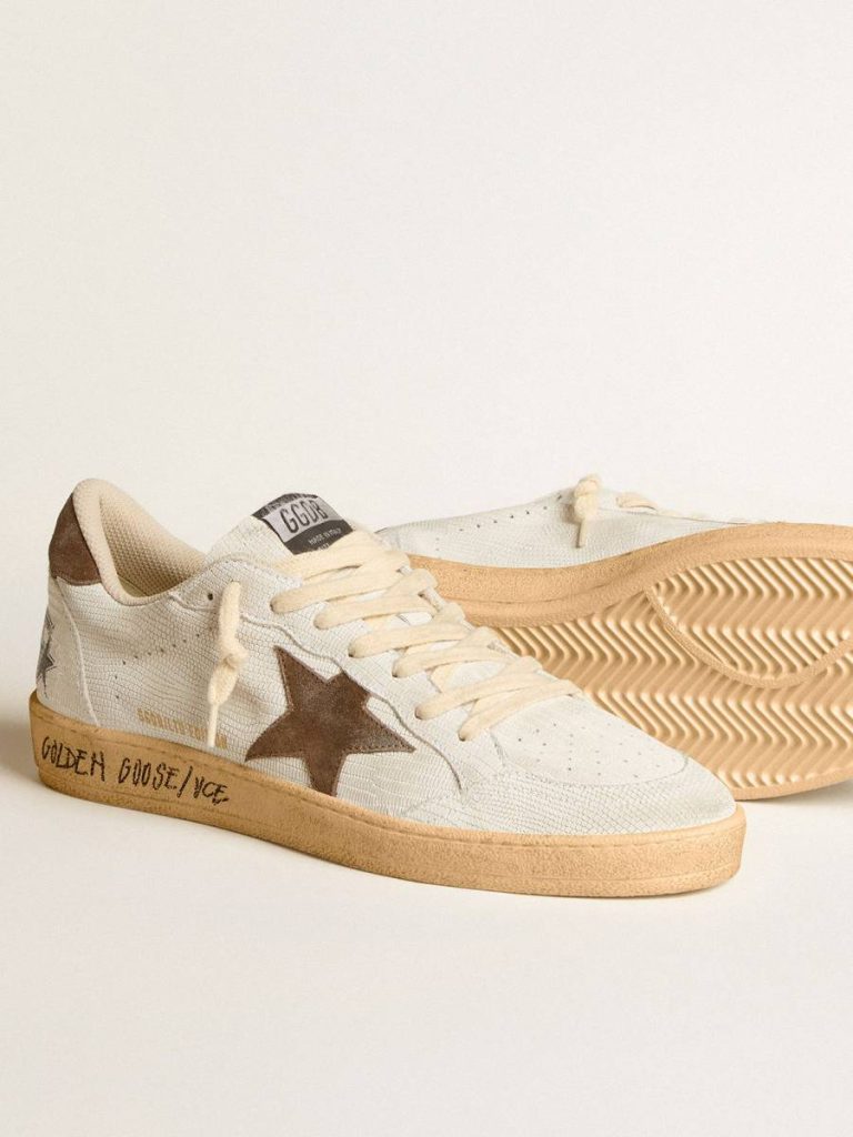 Men Golden Goose Ball Star Men's Ball Star In White Nubuck Leather With Brown Suede Star And Heel Tab - 3