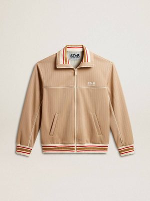 Men Golden Goose Men’s Light Beige Zipped Sweatshirt With White Logo Light Beige Sweatshirts - 1