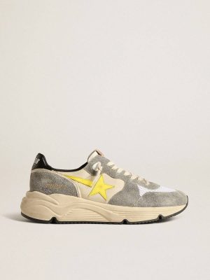 Men Golden Goose Running Sole Running Sole In Beige Nylon And Gray Suede With Yellow Star - 1