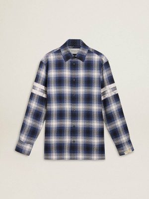Men Golden Goose Shirts Men's Blue 3D Checkered Shirt With Print On The Back Blue And White - 1