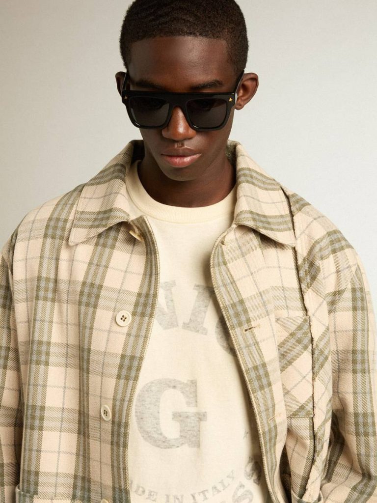 Men Golden Goose Shirts Men's Slim-Fit Shirt Made Of Ecru And Green Cotton Flannel Ecru And Green - 2