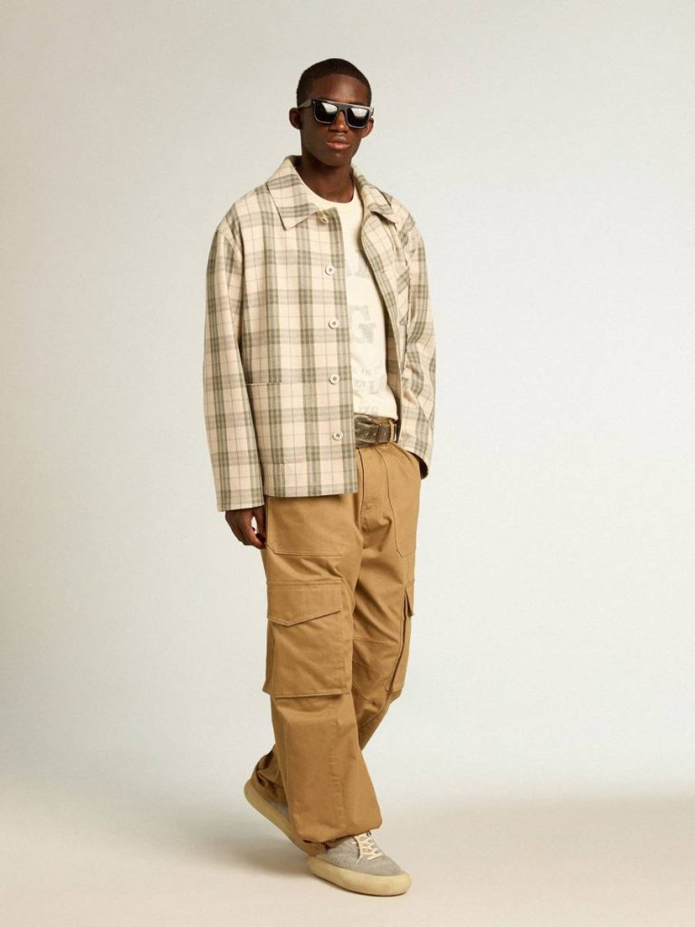 Men Golden Goose Shirts Men's Slim-Fit Shirt Made Of Ecru And Green Cotton Flannel Ecru And Green - 3