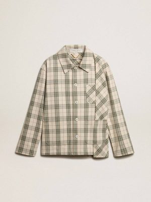 Men Golden Goose Shirts Men's Slim-Fit Shirt Made Of Ecru And Green Cotton Flannel Ecru And Green - 1