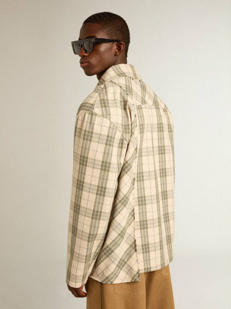 Men Golden Goose Shirts Men's Slim-Fit Shirt Made Of Ecru And Green Cotton Flannel Ecru And Green - 4