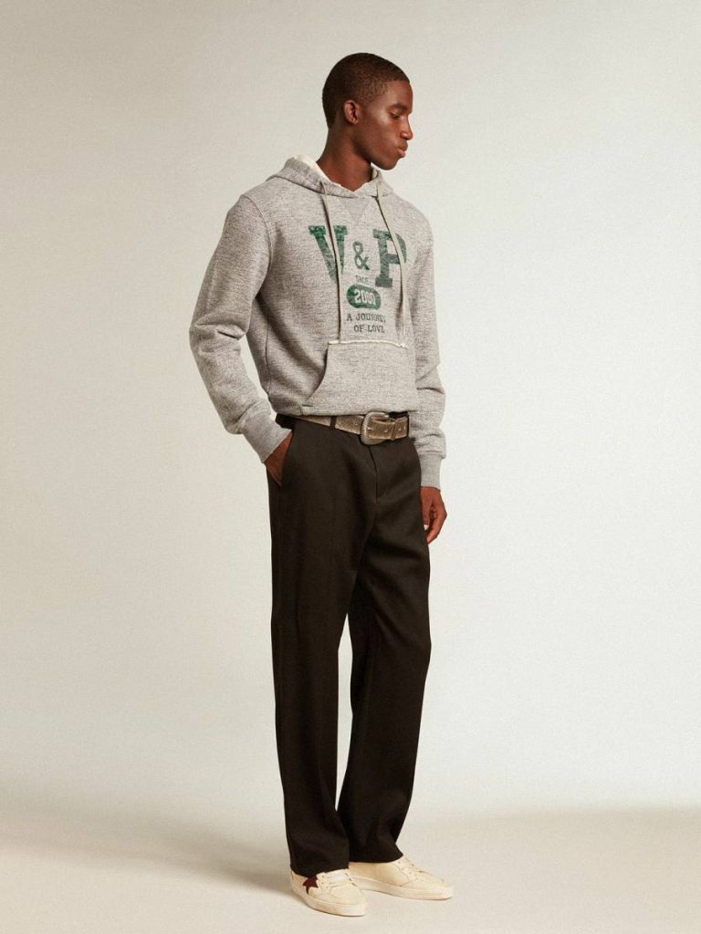 Men Golden Goose Sweatshirts Gray Gray Hooded Sweatshirt With Front Pocket - 3
