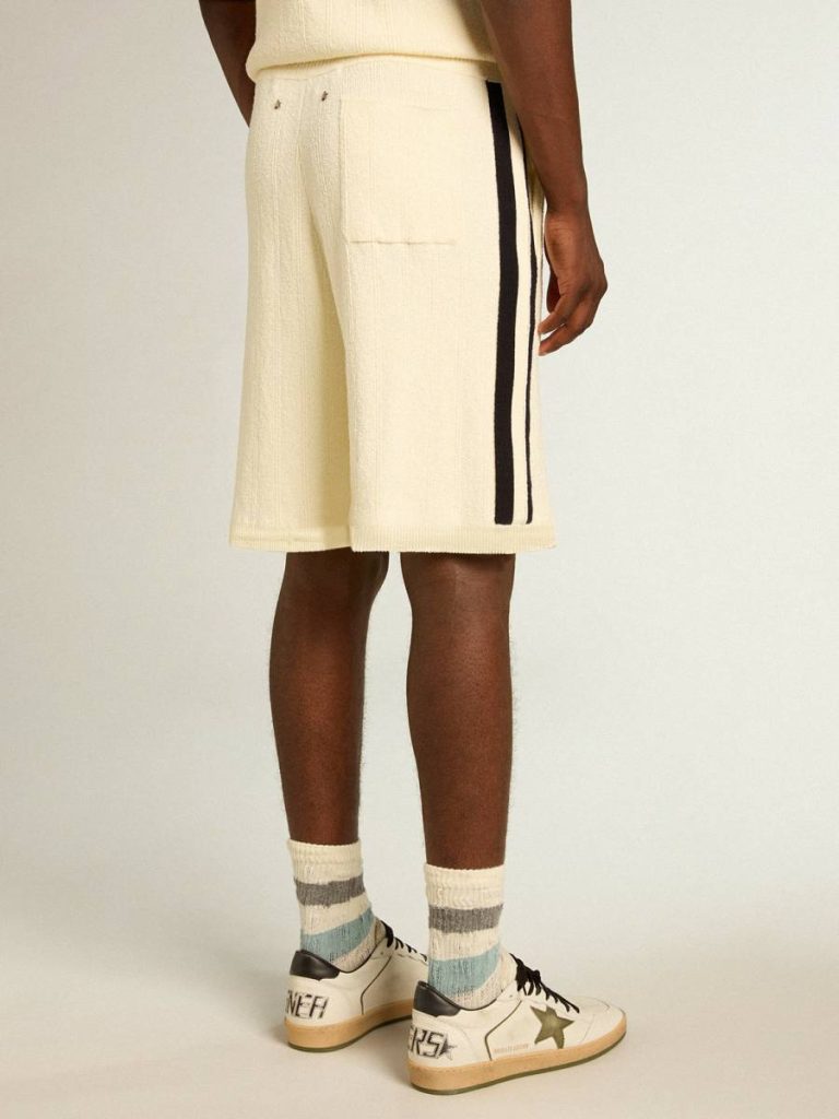 Men Jeans & Pants Golden Goose Vintage White Men's Vintage White Shorts With Blue Rib Knit On The Sides - 4