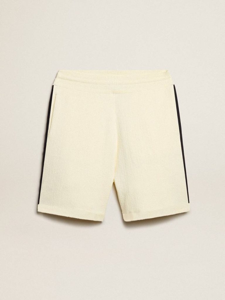 Men Jeans & Pants Golden Goose Vintage White Men's Vintage White Shorts With Blue Rib Knit On The Sides - 1