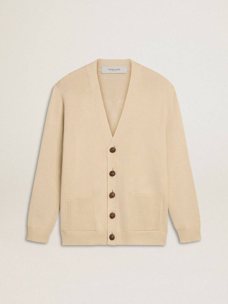 Men Knitwear Beige Golden Goose Men’s Beige Cardigan With 'Golden' Lettering On The Back - 1