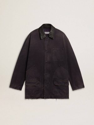 Men Men's Denim Jacket With Distressed Details And Leather Collar Golden Goose Black Coats & Jackets - 1