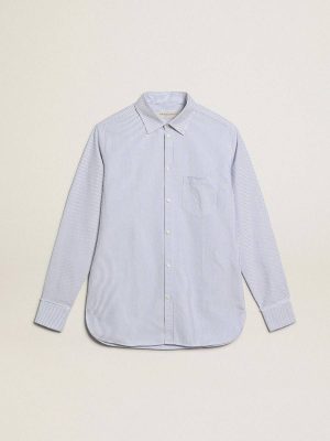 Men Men's Shirt With Narrow Stripes Golden Goose Shirts White And Light Blue - 1