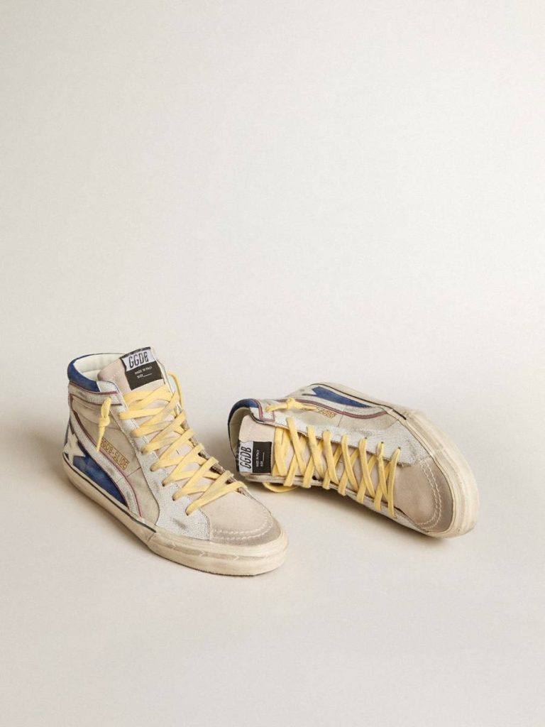 Men Slide Golden Goose Slide In Pearl Canvas And Blue Suede With White Leather Star And Flash - 2