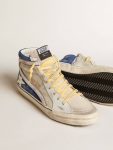 Men Slide Golden Goose Slide In Pearl Canvas And Blue Suede With White Leather Star And Flash - 3