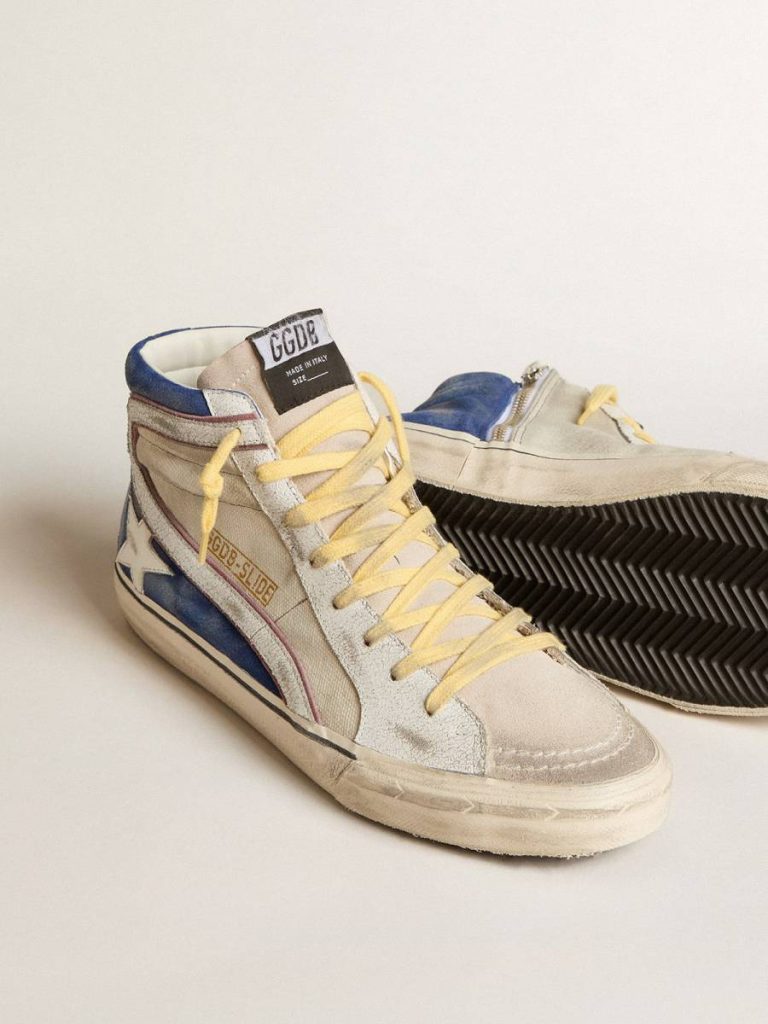 Men Slide Golden Goose Slide In Pearl Canvas And Blue Suede With White Leather Star And Flash - 3