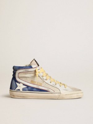 Men Slide Golden Goose Slide In Pearl Canvas And Blue Suede With White Leather Star And Flash - 1
