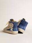 Men Slide Golden Goose Slide In Pearl Canvas And Blue Suede With White Leather Star And Flash - 4